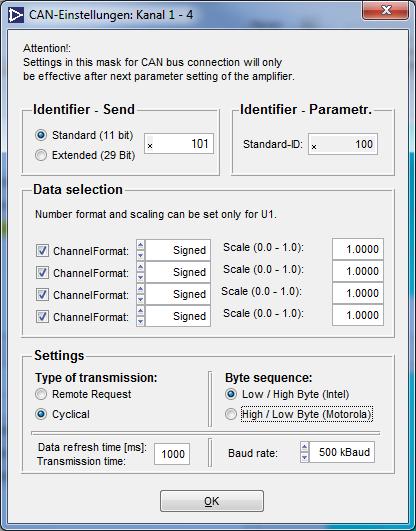 2.3.8.5 Parameterizing the CAN settings In the mask CAN settings, the required CAN ID can be set for the amplifier, the transmission type, baud rate, refresh time etc.