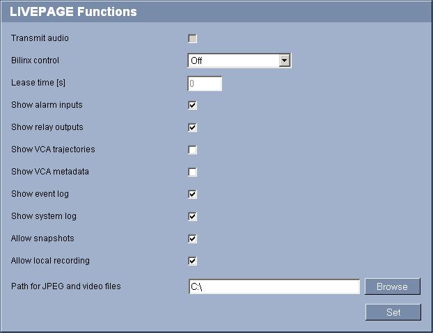 VIP X1 XF Configuration using a Web browser en 41 5.15 Advanced Mode: LIVEPAGE Functions On this page you can adapt the LIVEPAGE functions to your requirements.