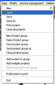 Page 54 of 184 Loading a project To load a project, click on the Open menu item in the Files menu: The program will ask the path