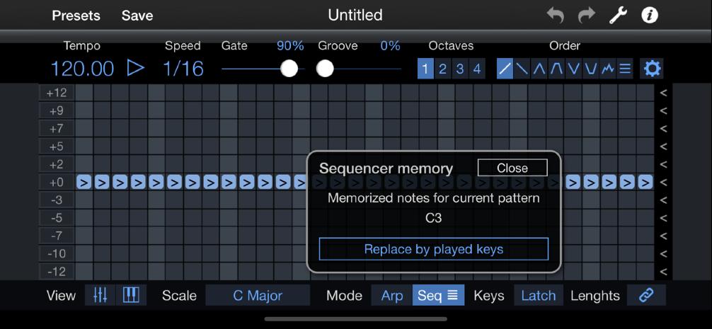 Sequencer memory setup When "Sequencer" mode is selected, a menu icon appears to the right of the button. Touch it to open the sequencer memory setup panel.
