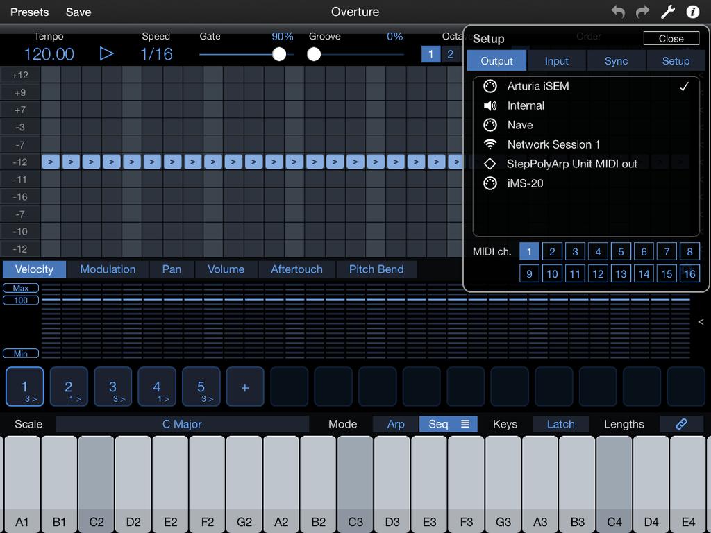 Application setup MIDI connections between ios applications "StepPolyArp Unit" can send and receive MIDI from other applications installed on the same device.
