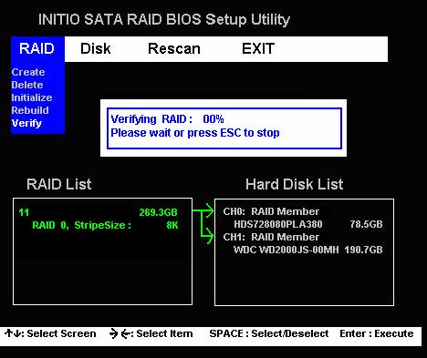 Verify RAID The verifying action will spend much time and the process of verifying action will display how much percent is finished, you also can press ESC