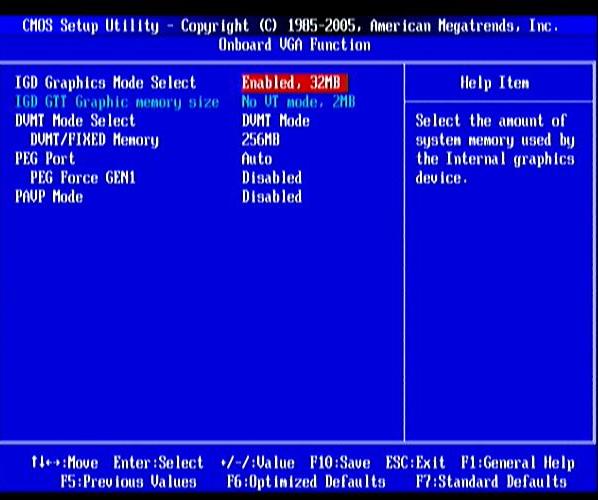 3-7-1 Onboard VGA Function IGD Graphics Mode Select Use this item to select the amount of system memory used by the internal graphics device.