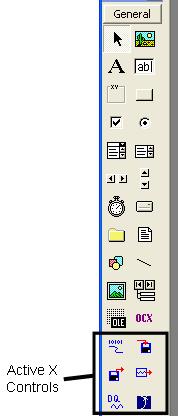 You will see the ActiveX control symbols on your tool bar. Double-click on the symbol to apply one to your form.