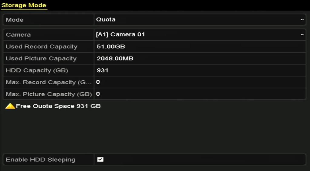 9.4 Configuring Quota Mode Purpose Each camera can be configured with allocated quota for the storage of recorded files. Steps 1. Enter the Storage Mode interface. Menu > HDD > Advanced 2.