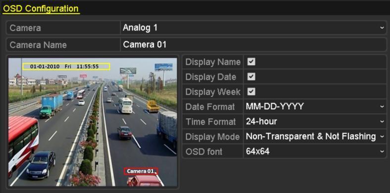 10 Configuring OSD Settings You can configure the OSD (On-screen Display) settings for the camera, including date /time, camera name, etc. 1. Enter the OSD Configuration interface.
