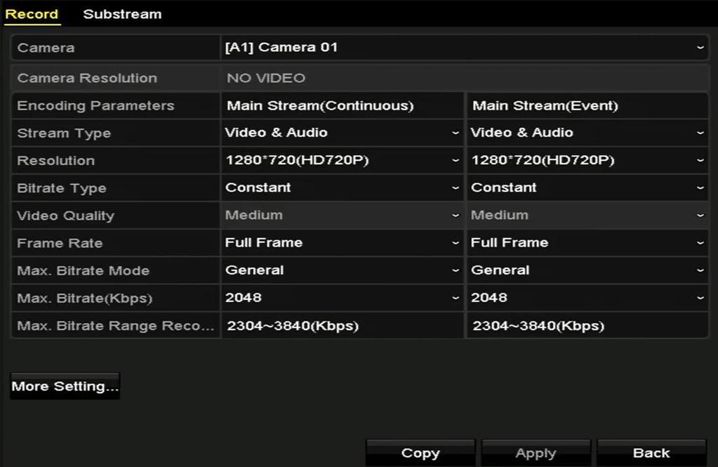 Figure 5. 3 Record Parameters 2. Set the parameters for recording. 1) Select the Record tab to configure. 2) Select a camera number in the camera dropdown list.