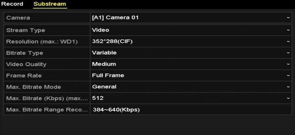 Figure 5. 6 Sub-stream Encoding 2) Select a camera in the camera dropdown list. 3) Configure the parameters. 4) Click Apply to save the settings.