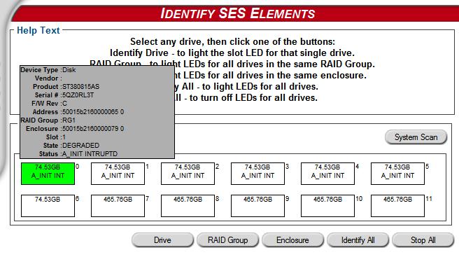 Identifying SES elements The SES Monitor page found by clicking on Details in the Enclosure Status section of the Health and Status Monitor page shows SES information about specific enclosures (see