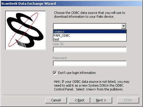 6. The wizard will ask you to choose the ODBC data source where the target data will be stored. A drop down menu will list the names of properly configured ODBC data sources (System DSNs).