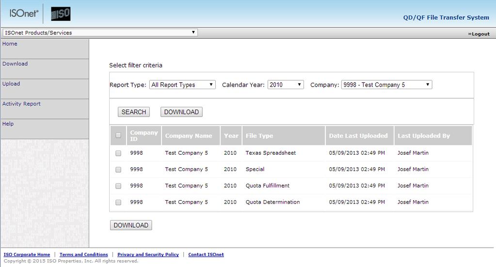 DOWNLOAD PAGE The Download Page provides access to a company's Quota spreadsheets.