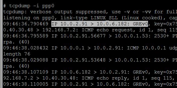 Figure 7: Program ping via gre1 network interface To verify the usage of the GRE protocol, the tcpdump program for packet analysis can be run in one of the routers.