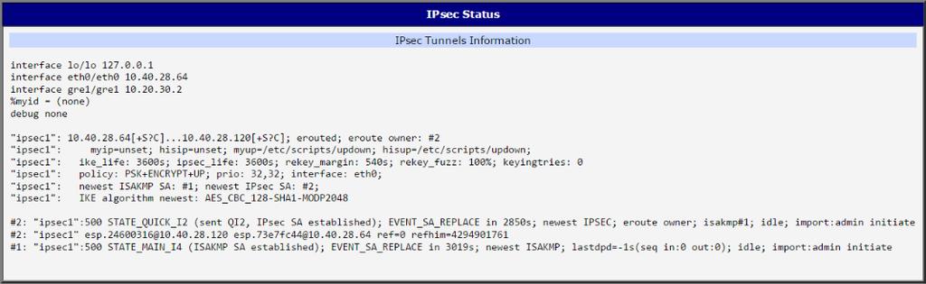When right configured, both routers will have the established information in the IPsec status IPsec item in the Status section (see also the System Log).