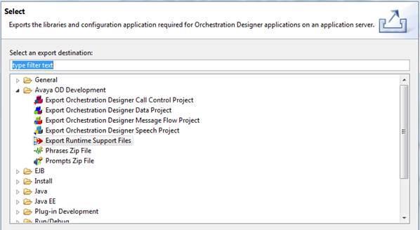 c. Select Export Runtime Support files. d. Click Next. e. For Application Server, select Apache Tomcat 6.0. f. Check Export Orchestration Designer runtime configuration application. g.