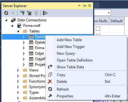 Pregled baze kroz Server Explorer u Visual Studiu Server Explorer desni klik na tablicu Definicija