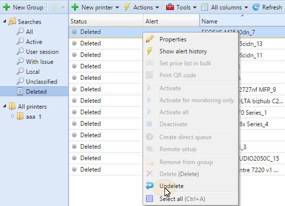 2. In the Actions drop-down box, click Delete. You can find the deleted printing devices under the Deleted search option. 7.5.2. Undeleting printing devices To undelete selected printing devices: FIGURE 7.