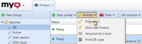 2. On the tab, select the printing device, click Actions, and then click Properties (or right-click the printing device, and than click Properties on