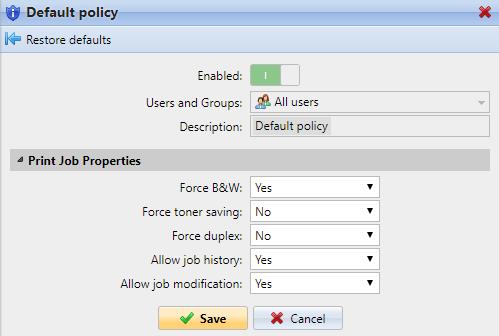 2. On the panel, select the users or group of users to which the policy will apply, optionally write description of the policy, change its settings, and then click Save.