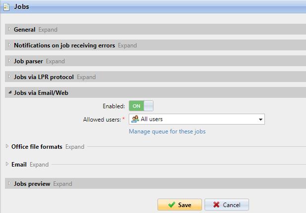 11.4.1. Setting up the print from email and from the MyQ Web Interface FIGURE 11.1. The Jobs via Email/Web section of the Jobs settings tab To enable and setup the print: On the Jobs settings tab, under Jobs via Email/Web, set the following parameters: 1.