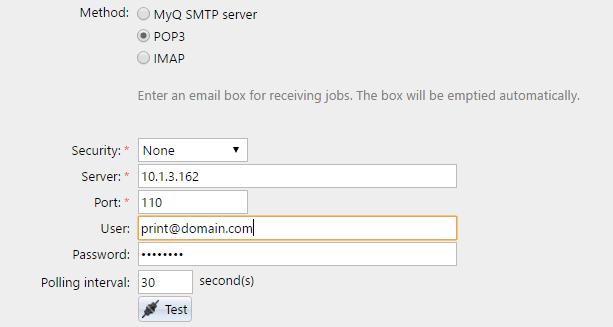 Forwarding emails to the MyQ SMTP server With this option, MyQ listens on the MyQ SMTP server port set on the Network settings tab (See "MyQ HTTP Server (Apache) and MyQ SMTP Server" on page 1.