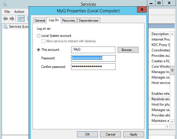 5. Open Windows services, select MyQ service and in the Log On section, change the Log on as option from the Local System account to the newly created account. FIGURE 11.6.