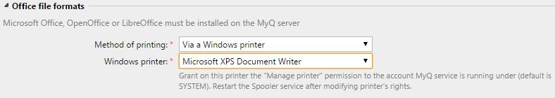 7. Printing via a Windows printer option on the Office file formats section on the Jobs settings tab With the print Via a Windows printer option, you have to select one of the printers that