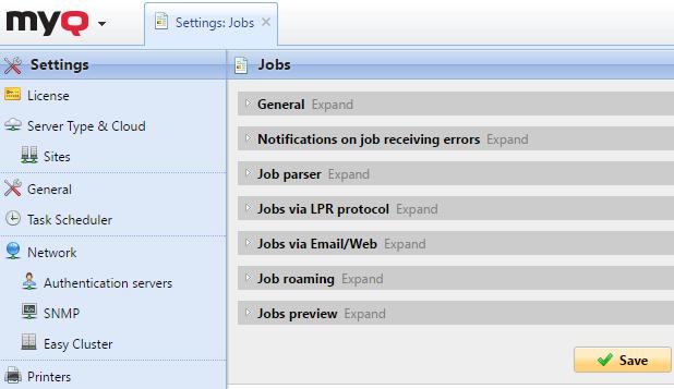 12.1. Jobs Settings tab 12.1.1. General FIGURE 12.2. Jobs settings tab Here you can set maximum job size (default size is 600 MB).