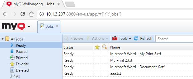 12.2. List of jobs FIGURE 12.3. List of jobs on the Jobs main tab On the list of jobs on the Jobs main tab, you can see all print jobs and information about them. 12.2.1. Jobs display options On the left side of the Jobs main tab, you can see the All jobs drop-down menu.