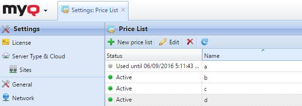 13. Price List On the Price List settings tab, you can create price lists and attach them to printing devices. Price lists are used to assess price of each printing device operation.
