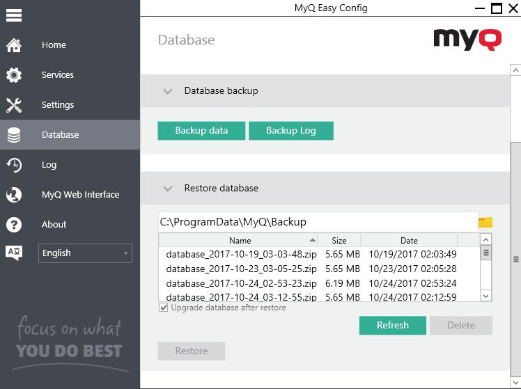 3.4. Backup and restore of the MyQ database and the MyQ log On the Database tab, you can check the status of the MyQ database and perform backup and recovery of MyQ data and the MyQ log.