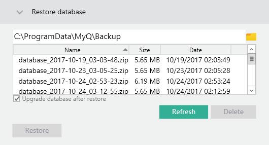 Backing up MyQ data on the MyQ Easy Config Database tab FIGURE 3.9. The newly created backup file appears in the file list under Restore database. 3.4.2.