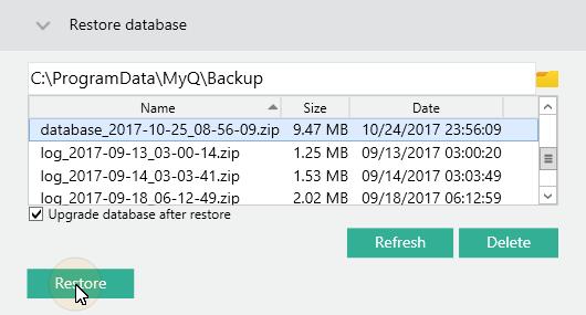 Restore of the data folder and restore of the log folder are almost identical. To restore either of the two, do the following: 1. Open the Database tab. 2.