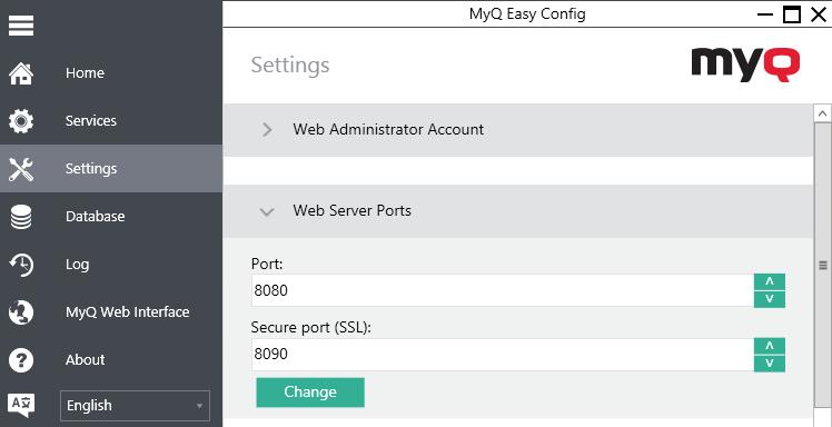 3.5. Changing MyQ Web server ports On the Settings tab, under Web Server, you can change the two ports for connection to MyQ Web server: Port: communication port for the MyQ HTTP Apache server; the