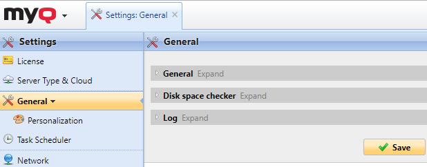 5.1. General settings tab FIGURE 5.1. The General settings tab of the MyQ Web Interface The General settings tab is divided into three sections: General, Disk space checker and Log. 5.1.1. General In this section, you can set administrator email, time zone, default language, currency, column delimiter in CSV files and custom logo.