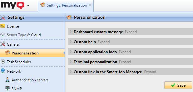 5.2. Personalization settings tab On this tab, you can set the custom message to be shown on the Web accounts of MyQ users, add links to your own custom help and custom logos to be used