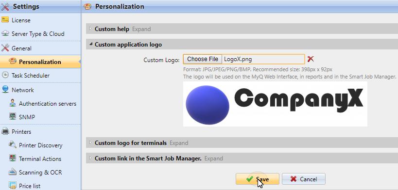 5.2.3. Custom application logo Here you can add your company's logo to be used in the MyQ system.