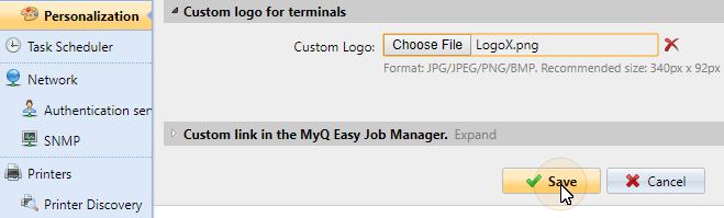 5.2.4. Custom logo for terminals Here you can add your company's logo to be used on all MyQ embedded terminals.