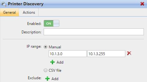 Adding a printer discovery on the Printer Discovery settings tab 1. On the Printers main tab, click +New printer. A drop-down box appears. 2.
