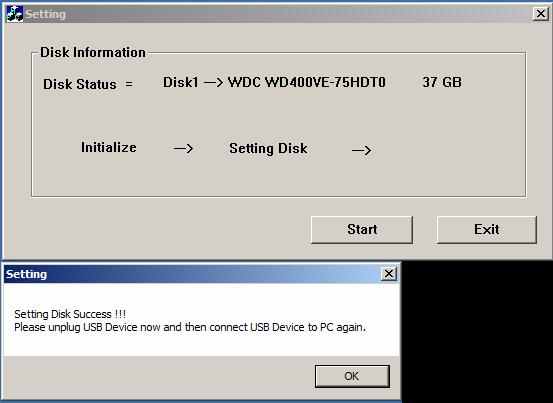 5. If the configuration has been completed successfully, a pop-up window will show Setting Disk Success!