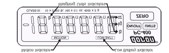 Section 2. Scale Operations Guide Fig. 1 PC-400 Display Functions: The Model PC-400 controls consist of ON/OFF, UNITS and ZERO buttons located next to the main LCD display.