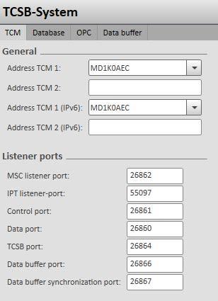 Configuring and monitoring with the CMT 6.10 TCSB system Figure 6-10 The "TCSB system" > "TCM" dialog Here, the IP address and the ports of the telecontrol server are configured.
