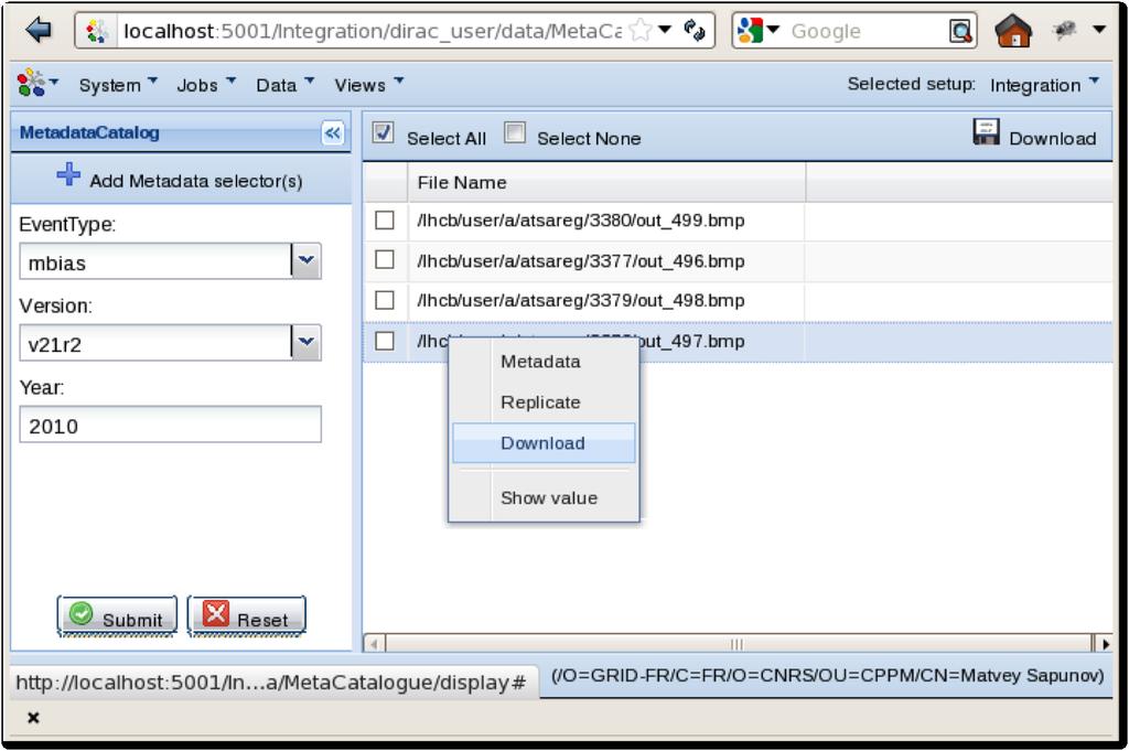 The DFC Web interface is built in the DIRAC general Web Portal framework and provides a secure access based on the user certificates loaded into the web browser. Figure 6. DFC Web Interface example 6.