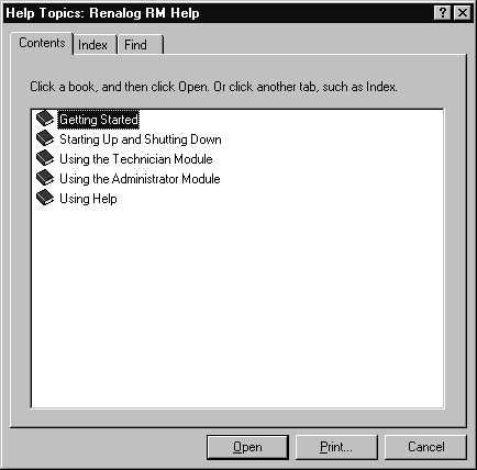 Getting Started Get Help Open Help in Administrator Mode To open the Renalog RM Help System from the menu bar in Administrator mode, follow these steps: 1.