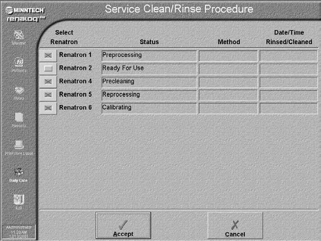 Renalog RM User Guide The Service Clean/Rinse Procedure window is displayed. 3. Select the buttons corresponding to the Renatrons you want to perform the service cleaning procedure on. 4.