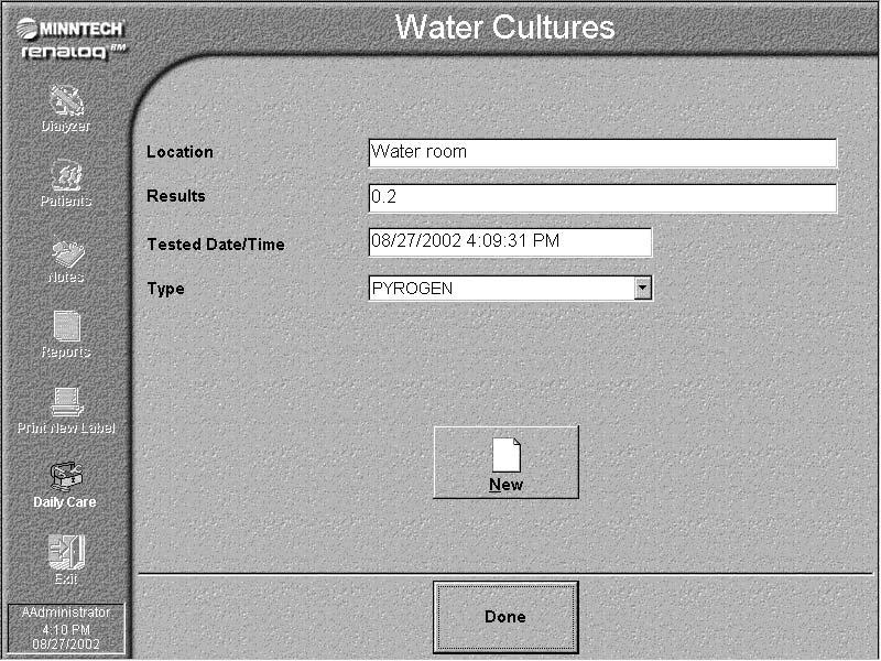 Renalog RM User Guide The Water Cultures edit window is displayed. 4. Enter the site where the specimen was taken in the Location field, For example, Renatron 3, water room, etc. 5.
