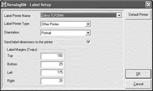 Using the Administrator Module Label Setup To set up the label settings for your label printer and to set a default report printer, follow these steps: 1.