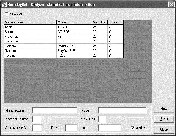 Note: Select the Show All check box to display both active and inactive dialyzer manufacturer records. 3. Select New to add a new dialyzer manufacturer.