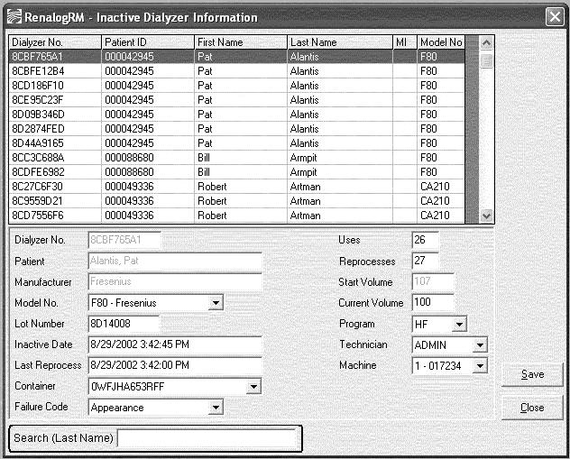 Renalog RM User Guide Edit Inactive Dialyzer Information To edit existing inactive dialyzer information, follow these steps: 1. In Administrator mode, select Edit from the menu bar. 2.