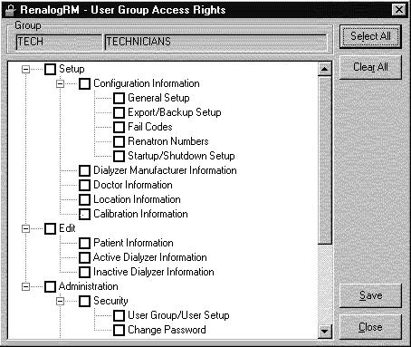 Renalog RM User Guide Set Access Rights for a Group Program administrators can grant access rights to groups. It is not advisable to modify rights for administrators as this can cause access problems.