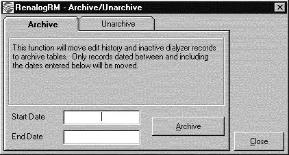 Renalog RM User Guide Archive the System To archive history records for a specific date range, follow these steps: 1. In Administrator mode, select Administration from the menu bar. 2.